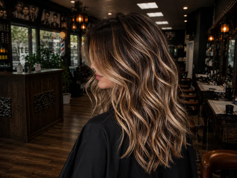 Frau mit langen, gewellten Haaren und hellen Strähnen im Salon von Mabast