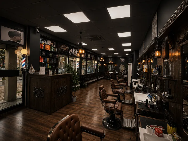 Blick in den Salon von Mabast mit Barbierstühlen aus braunem Leder und warmen Messinglampen